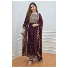 Beautiful Women Purple Naira cut Kurta Pant with Dupatta Dress. 